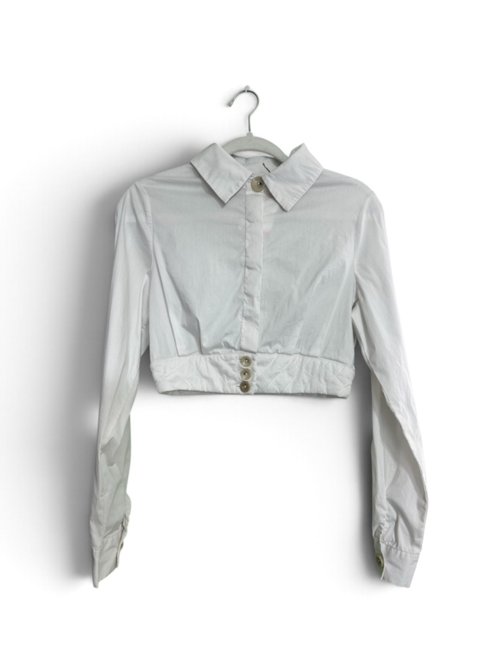 White Cropped Button-Front Collared Shirt with Quilted Hem